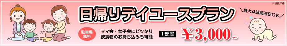 日帰りデイユースプラン 最大4時間滞在OK 駐車場無料 ママ会・女子会にピッタリ 飲食物のお持ち込みも可能 1部屋 \3,000～